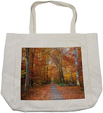 Saco de compras de Ambesonne Fall, caminho coberto de folhas caídas através de árvores vibrantes da floresta de queda estampa,