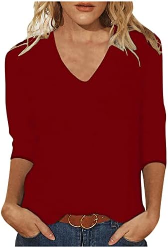 Camisas de verão femininas 2023 túnos casuais casuais vestidos 3/4 de manga V camisetas de pescoço de cor brilhante