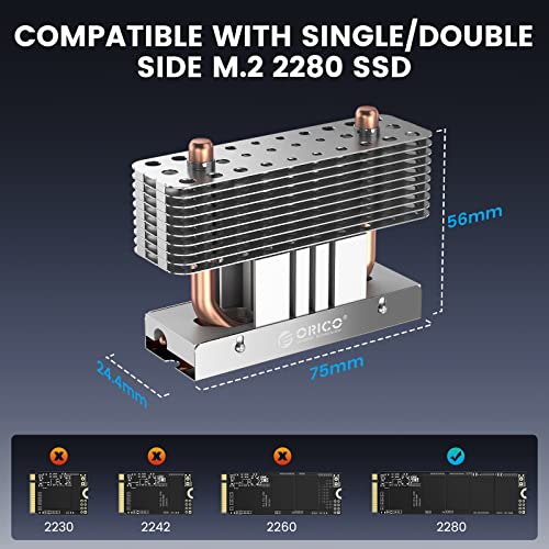 Orico M.2 SSD dissipador de calor com tubos de calor de cobre, aletas de alumínio atualizadas + condução térmica térmica para PC único e duplo-lados 2280 NVME/NGFF M.2 SSD, Silver-M2hs8