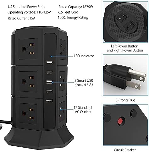 HJKOGH Power Tower Surge Protector 8/12 Way Uso Pluging de pluging elétrico Usb Chargier USB Cordeiro de extensão de 6,5 pés para