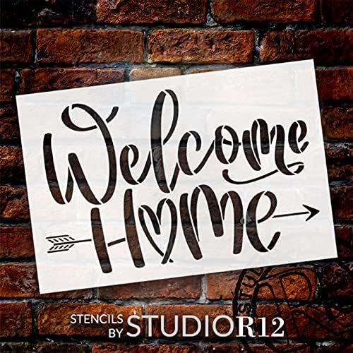 Bem -vindo para casa com estêncil de flecha por Studior12 | Craft DIY Farmhouse Decor de casa | Paint Family Wood Sign