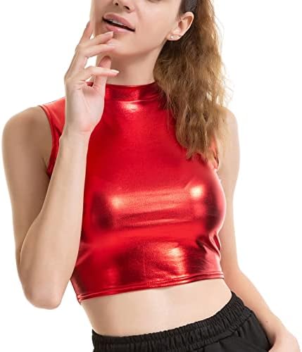 Haitryli feminina brilhante colheita metálica top mock pescoço tanques com mangas de mangas rave dança bustier colartwear