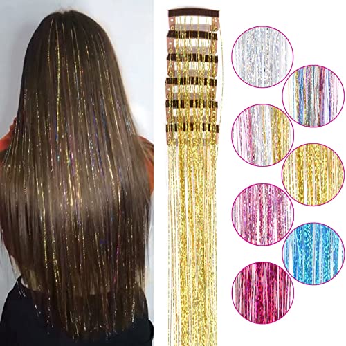 Clipe de tinsel de cabelo de ouro rosa em extensões de cabelo de fada 6pcs 20 polegadas Sparkle Hair Gillter Fios para festival diário