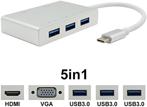 USB C Hub, USB C Tipo C para HDMI VGA USB3.0 Adaptador de cubo 5in1 USB 3.1 Cabo de conversor USB-C para laptop Apple MacBook Google Chromebook Pixel