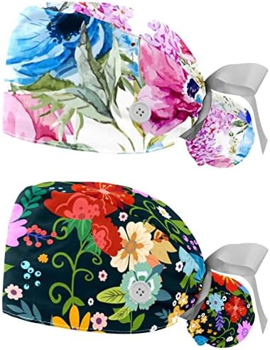 Chapéus de esfrega de dente -de -leão floral para mulheres bonés de trabalho de cabelo comprido com botão e banda de suor unissex gravata chapéus 2 pacotes