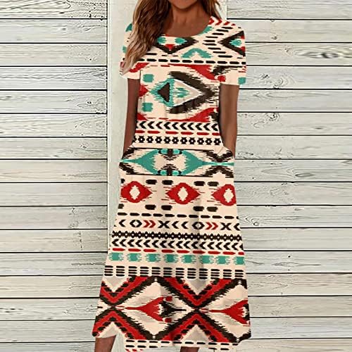 Vestido de manga curta de verão feminino 2023 AZTEC AZTEC GRÁFICO GRÁFICO CREWNECK FLOWY Casual Beach Maxi Dress com bolsos