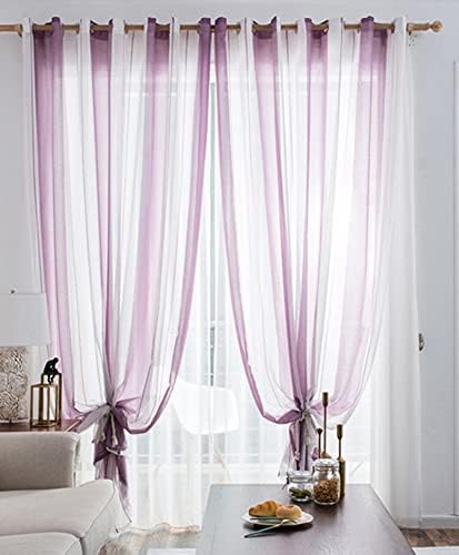 Daesar Sheer Voile Curtains 2 painéis, cortinas de quarto poliéster de poliéster de ilhós listras transparentes roxas tratamentos