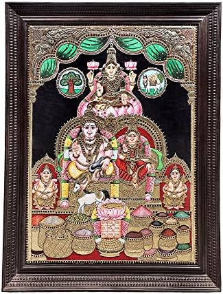 Índia exótica 42 x 54 Kubera e Lakshmi Tanjore Pintura | Cores tradicionais com ouro 24K | Quadro de teakwood |
