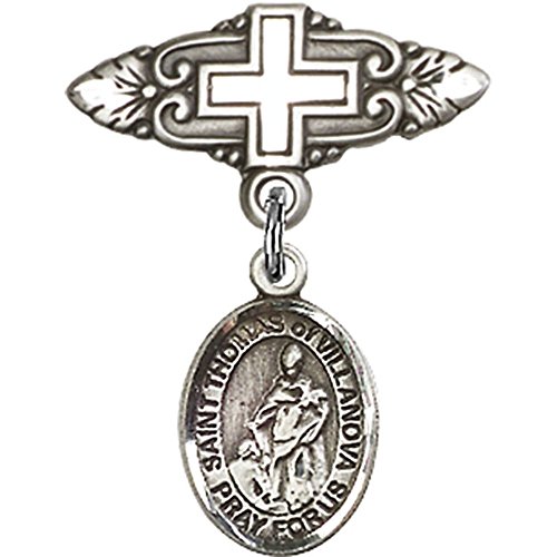 Distintivo para bebês de prata esterlina com St. Thomas of Villanova Charme e Pin Badge com Cross 1 x 3/4 polegadas