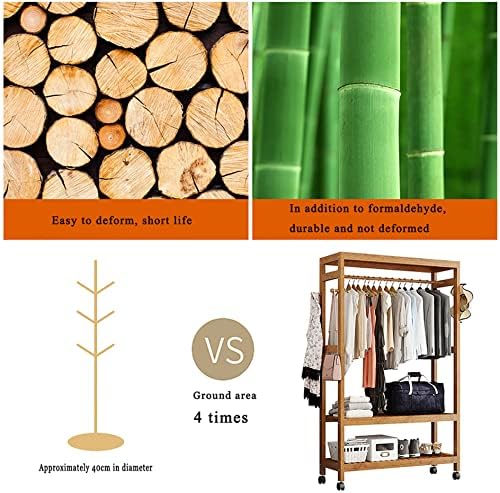 Yyhj Racking Rack de roupas de bambu, armazenamento de roupas pesadas penduradas, suporte de rack de rolamento, com prateleira superior e prateleiras organizadoras de armazenamento de calçados de 2 camadas e ganchos de 4 casaco, para entrada do quarto