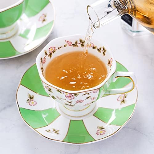 Mostden Fine Bone China China Cup de 6 peças Cup/xícara de chá, 2 xícaras 2 pires 2 colheres de chá de xícara de chá vintage e pires