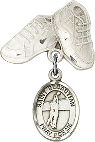 Rosgo para bebês de obsessão por jóias com o charme de vôlei de St. Sebastian e pino de botas de bebê | Badge de bebê de prata esterlina com St. Sebastian Volleyball Charm e Baby Boots Pin - Made nos EUA