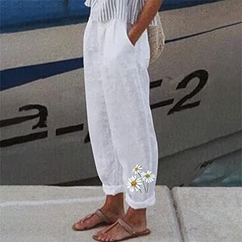 Calças de linho xinshide para mulheres calças largas de girassol casual com bolsos deslizantes Cantura alta Fit Fit