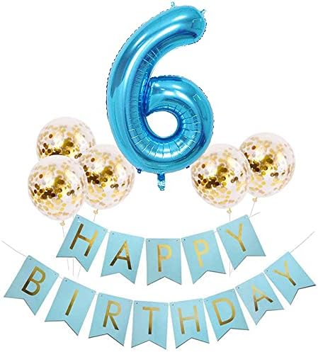Tellpet Blue Número 6 Balão + Balão de Feliz Aniversário com 5 PCs Balões de Confetes de Ouro, Decorações de Feliz Aniversário