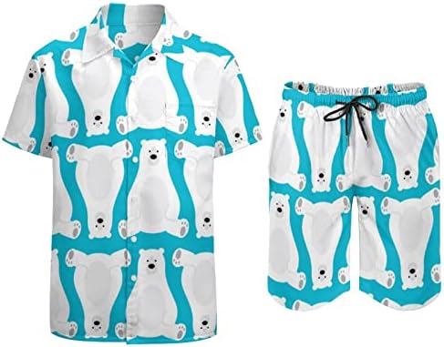 Adorável Polar Bear Men 2 Peças Hawaiian Set Button-Down Shirve Shirts Calças de praia Faixa Fit