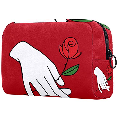Bolsa de higiene pessoal Bolsa de lava -lava de maquiagem de viagem cosmética com zíper para a mão branca segurando rosa para acessórios de viagem Essentials