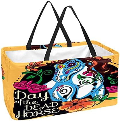 50l Shopper Bags Day of the Dead Horse Amarelo Caixa de compras colapsível Bolsa de mercearia com alças, reutilizável
