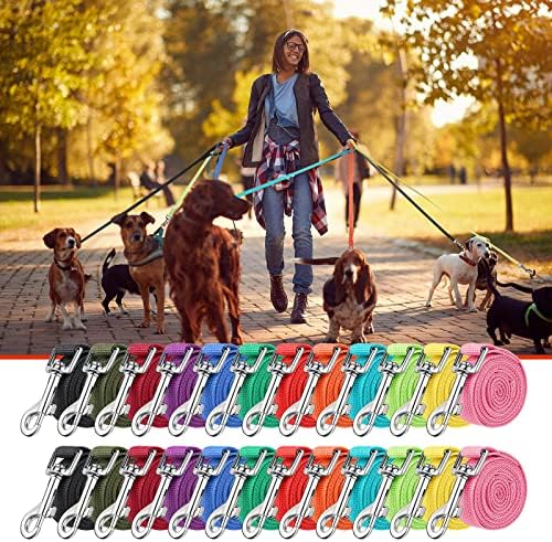 24 Pack Nylon Treinamento de cães coleira a granel de 5 pés coleira para cães para pequenos e médios cachorros corda de tração para treinamento, brincadeira, acampamento ou quintal, 12 cores variadas