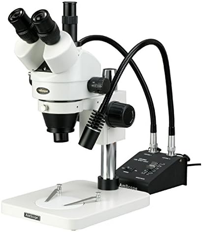 AMSCOPE SM-1TSZZ-L6W Microscópio de zoom estéreo trinocular profissional, oculares WH10X e WH20X, ampliação de 3,5x-180X, objetivo do zoom 0,7x-4,5x, 6W de luz LED de 6W de berço duplo, suporte de pilar, 85V-265V, inclui 0,5x e 2.0 X Lentes Barlow