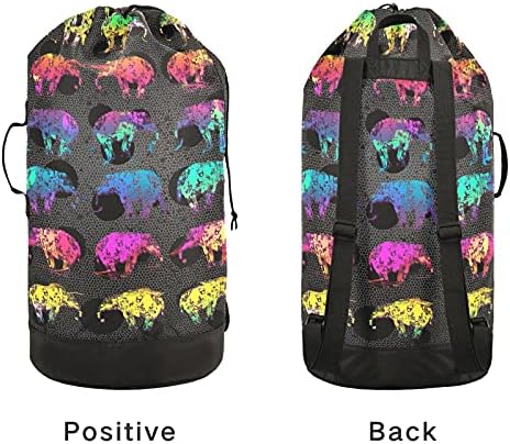 Rainbow Elephants Laundry Bag Backpack de lavanderia pesada com alças e alças de ombro Viagem Saco de roupas com tração de