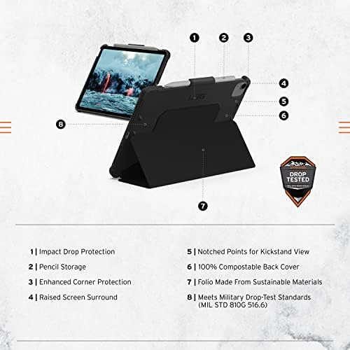 Urban Armour Gear UAG projetado para iPad 10,2 polegadas 9ª geração 2021 e iPad 8th Generation 2020 Case Black Rugged Multi Angle Stand Stand Folio Lápis