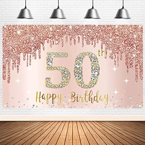 Feliz Banner de 50º aniversário Decorações de cenário para mulheres, Rose Gold 50 Aniversário Setent Seturies, Pink Fifty