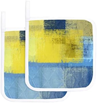 Conjunto de panela de cozinha de 2, suportes de gênero amarelo azul portadores de panela de panela de calor Pofada quente, abstrato artes de pintura a óleo Potholders Washable forno lavável almofadas quentes