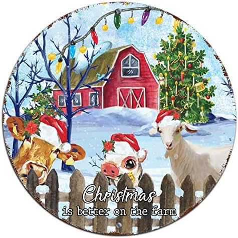 Feliz Christmas Door Plate o Natal é melhor na fazenda redonda de lata de metal decorações de Natal Signo de grinalda de metal rústico para o pátio do jardim decoração de café
