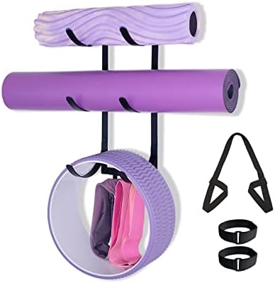 Montagem da parede do suporte de ioga, equipamento de ginástica em casa, rack de armazenamento de tapete de ioga com 3 ganchos suspensos e uma pulseira de tapete de ioga para faixas de resistência e rolo de espuma