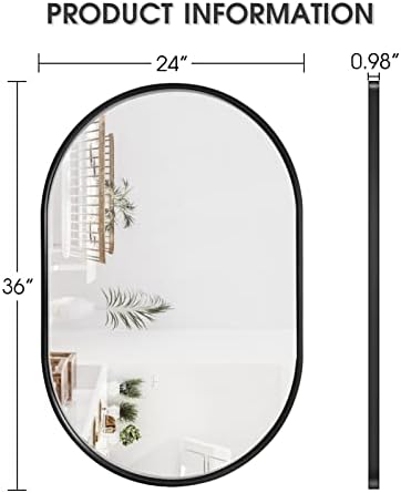 Vasuhome 24x36 polegadas espelho do banheiro para parede, espelho oval moderno com canto redondo emoldurado e redondo de metal preto,