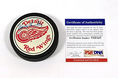 Harry Lumley/Mike Ilitch assinou Red Wings Hockey Puck 2 psa/DNA AUTOS DA042101 - Pucks autografados da NHL