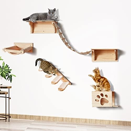 Homegroove 6pcs Prateleiras de escalada de gatos Boletas de parede, móveis de parede de gato com degraus de parede de gato e Kitty Bridge & Cat Houses, parede montada em parede para gatos dormindo, brincando, escalada