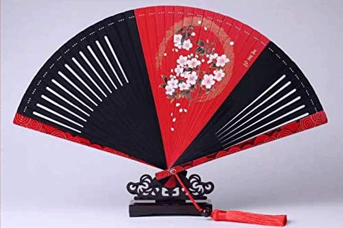 Oggo Fã chinês, ventilador de seda de seda clássica de bambu com borla e caixa de presente para decorações de festas dançando, casamento,