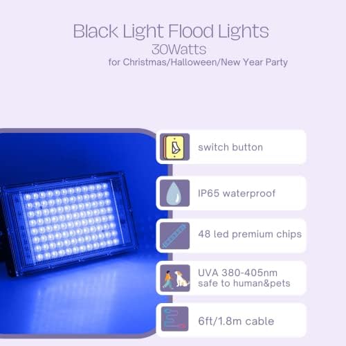 LED BLACK LUZ AO REDOR AO ANTERIOR PARA GLOW Party 30W Witch Plug, lâmpada UVA 380-405nm IP65 impermeável para Halloween e decoração