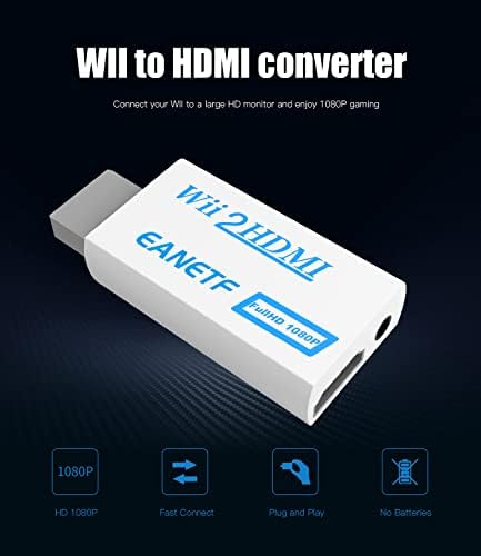 EANETF Wii para HDMI Converter, Wii para HDMI 1080p com cabo HDMI de alta velocidade HDMI Wii2 HDMI Saída Vídeo e áudio com áudio Jack de 3,5 mm, Suporte a todos os Wii Display 720p, NTS