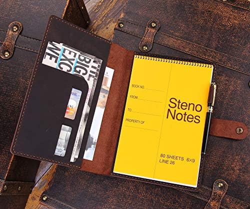 Capa de couro para notebook Steno de 6 x9, capa de fólio de couro compatível com 6x9 spiral steno almofadas, organizador de notebook A5 com loop de caneta - café