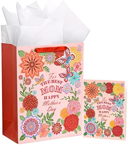Saco de presente do Dia das Mães Wrapaholic 13 com cartão e papel de seda - elegante floral e borboleta com as melhores letras