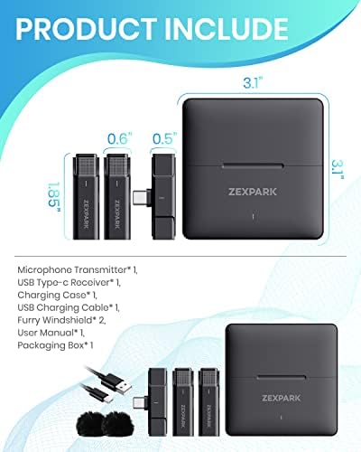 Microfone Lavalier sem fio Zexpark para Android/PC/Notebook com caixa de carregamento - Redução de ruído/Sync Plug & Play