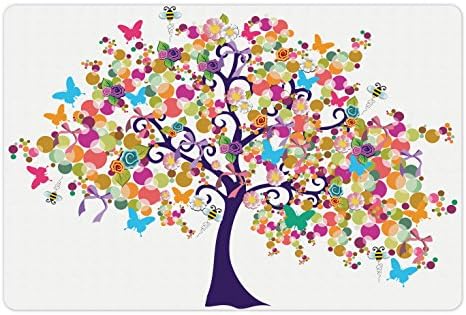 Árvore lunarável da vida Pet tapete para comida e água, abstrato de primavera ornamentada com flores e borboletas galhos de primavera feliz, retângulo de borracha sem deslizamento para cães e gatos, multicolor