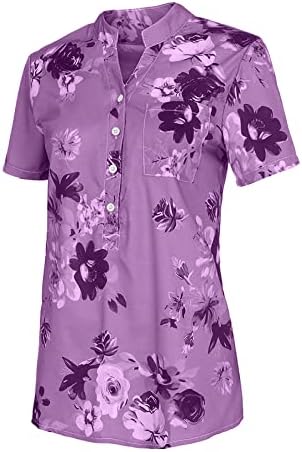 Tops for feminino de verão mangas curtas botões de pescoço dividido camisas casuais