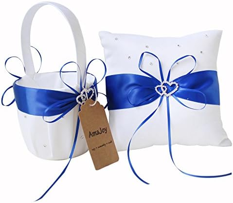 Amajoy 2pcs Conjunto de casamento de cetim branco e cesto de menina de flor azul real e travesseiro de anel com decoração de strass de coração duplo