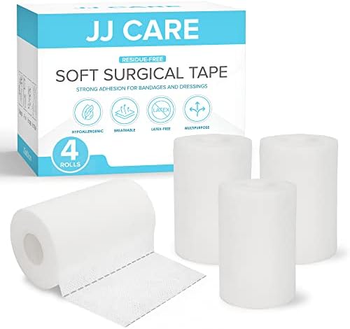 JJ Care Fita cirúrgica macia [pacote de 4], 4 ”x 10 jardas fita de pano macio | Fita médica de pano sem látex para primeiros