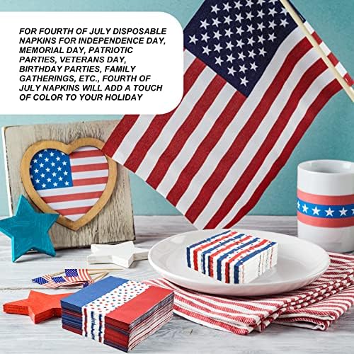 Ctosree 200 PCs 4 de julho Estrelas listras guardanapos de papel descartável 2 Ply American Flag Patriótico Cocktail guardana
