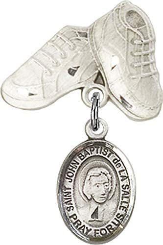 Rosgo do bebê de obsessão por jóias com St. John Baptist de la Salle Charm e Baby Boots Pin | Distintivo de bebê de prata esterlina