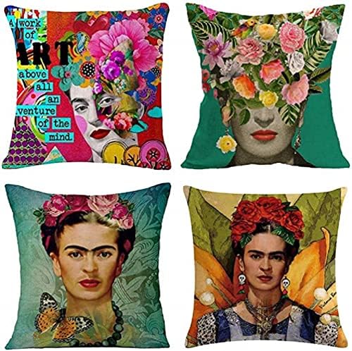 Gircat 4 pcs pintura a óleo Frida Kahlo Auto-retrato linho de linho de linho de algodão Carro, sofá de almofada, sofá, tampa