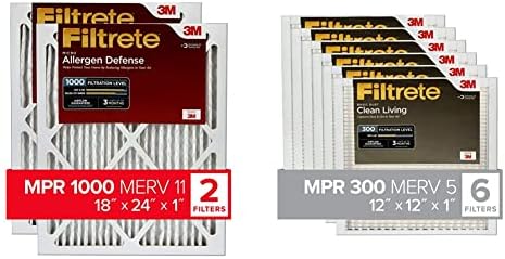 Filtrete 18x24x1 Filtro de ar MPR 1000 MERV 11, Defesa de alérgenos, 2-pacote e MPR 300 12x12x1 Filtro de ar do forno AC, LIMP