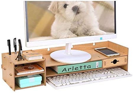 Monitor de madeira Stand, organizador de mesa de escritório de madeira multifuncional com gaveta, desktop screen riser para TV PC