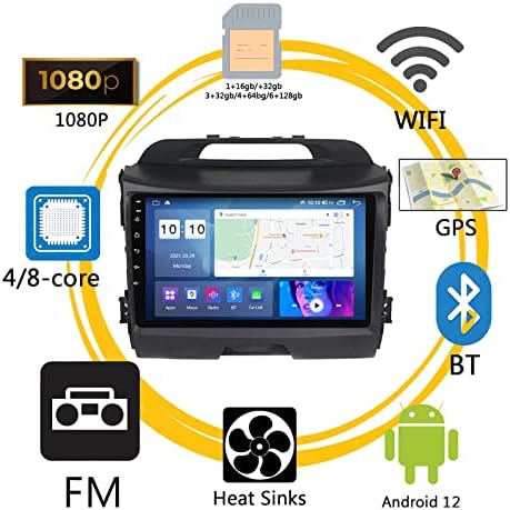 12 Estéreo de carro Android para Kia Sportage Radio de tela Touch Screen de 9 polegadas, com GPS Navigation Bluetooth FM Radio Support Wi -Fi USB