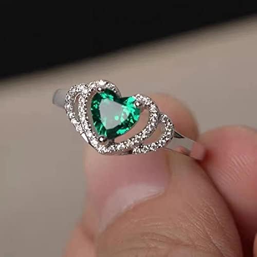Anel de zircão verde duplo feminino 925 prata simulada anel de esmeralda anel em forma de coração cortado cúbico zirconia anéis