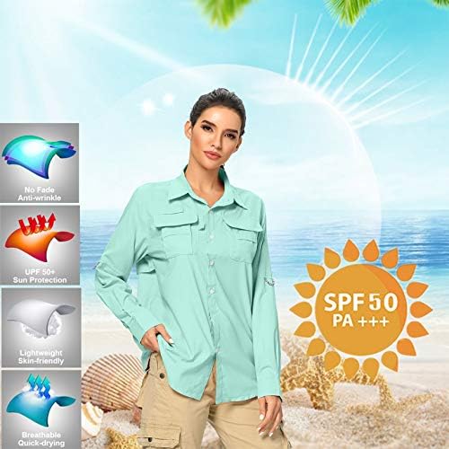 Camisa de Safari de proteção solar UV de 50+ UV feminina, manga longa, camisetas de jardinagem de pesca rápida e seca de manga